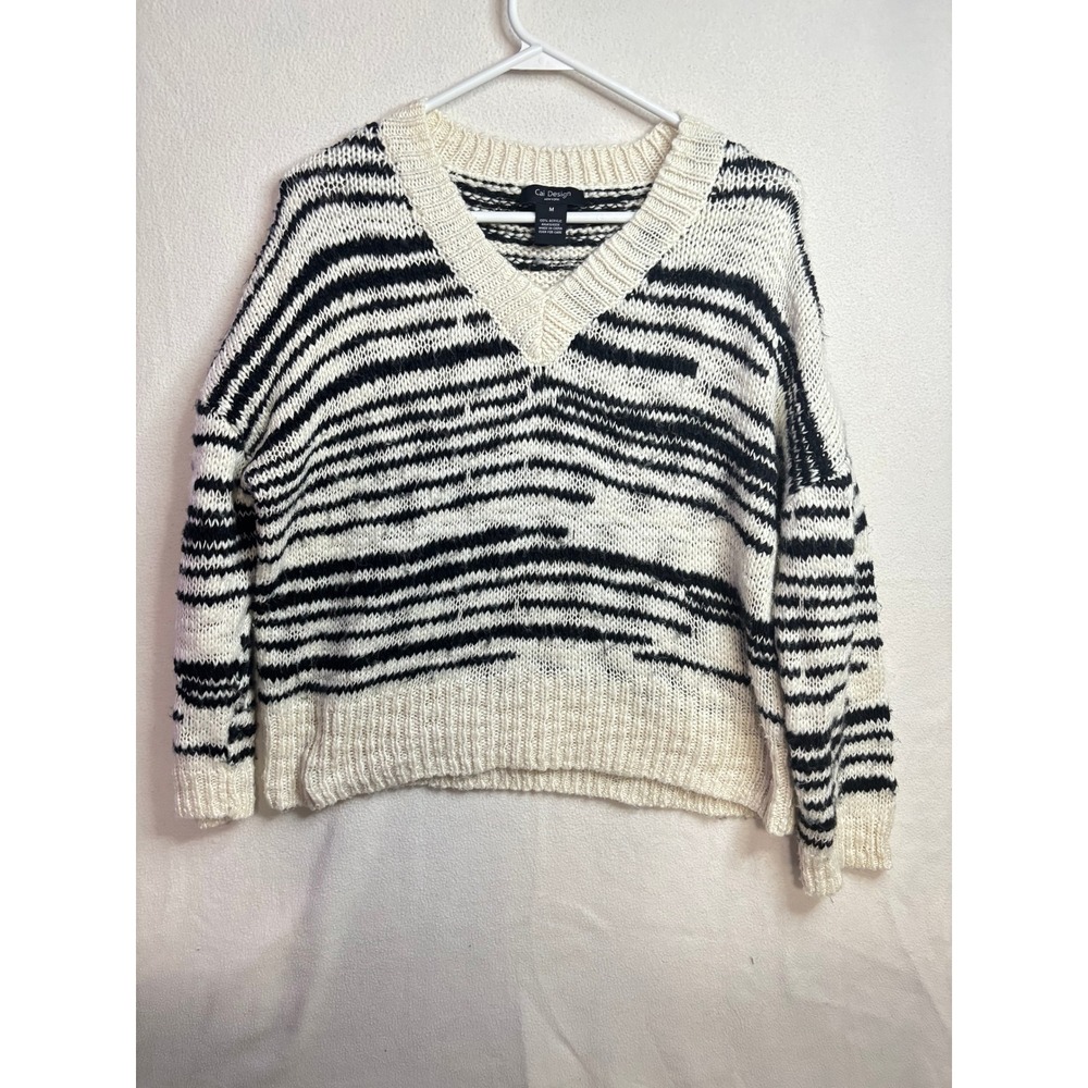 Cai Design New York Womens Cream Black Striped V-Neck Knit Sweater Size M